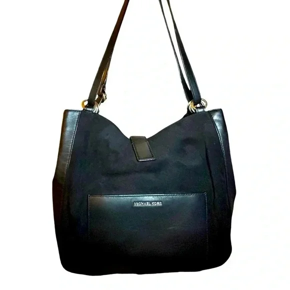 Michael Kors“Quincy” 2Way Black Suede/Leather Trim Bag Antiqued Silver Accents Bags